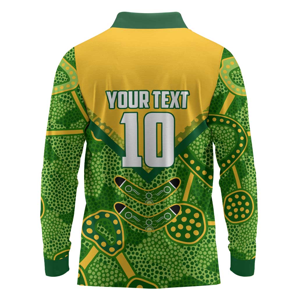 Personalized Australian Jackaroo Lawn Bowls Long Sleeve Polo Shirt Kangaroo Athlete Indigenous Pattern Green Yellow Sports Mascot