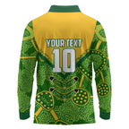 Personalized Australian Jackaroo Lawn Bowls Long Sleeve Polo Shirt Kangaroo Athlete Indigenous Pattern Green Yellow Sports Mascot
