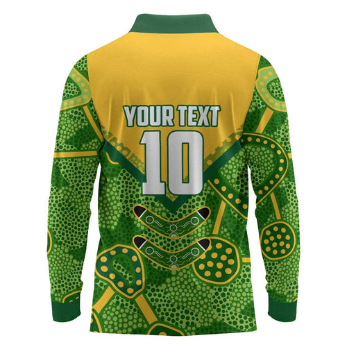 Personalized Australian Jackaroo Lawn Bowls Long Sleeve Polo Shirt Kangaroo Athlete Indigenous Pattern Green Yellow Sports Mascot