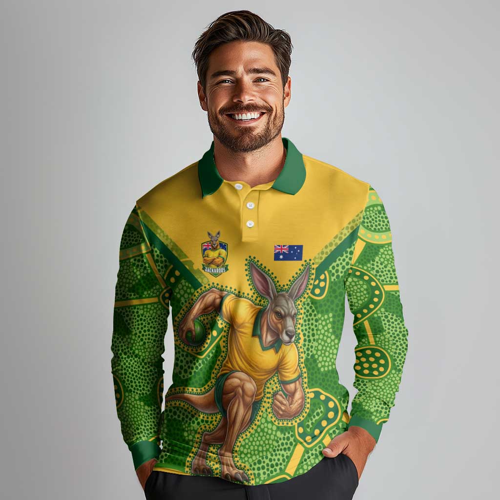 Personalized Australian Jackaroo Lawn Bowls Long Sleeve Polo Shirt Kangaroo Athlete Indigenous Pattern Green Yellow Sports Mascot