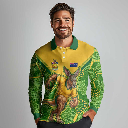 Personalized Australian Jackaroo Lawn Bowls Long Sleeve Polo Shirt Kangaroo Athlete Indigenous Pattern Green Yellow Sports Mascot