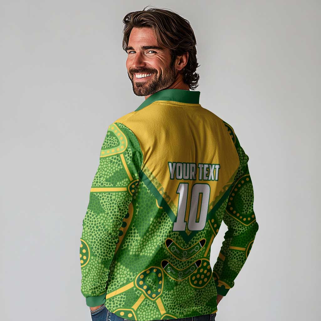 Personalized Australian Jackaroo Lawn Bowls Long Sleeve Polo Shirt Kangaroo Athlete Indigenous Pattern Green Yellow Sports Mascot