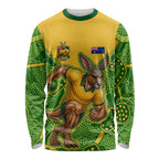 Personalized Australian Jackaroo Lawn Bowls Long Sleeve Shirt Kangaroo Athlete Indigenous Pattern Green Yellow Sports Mascot