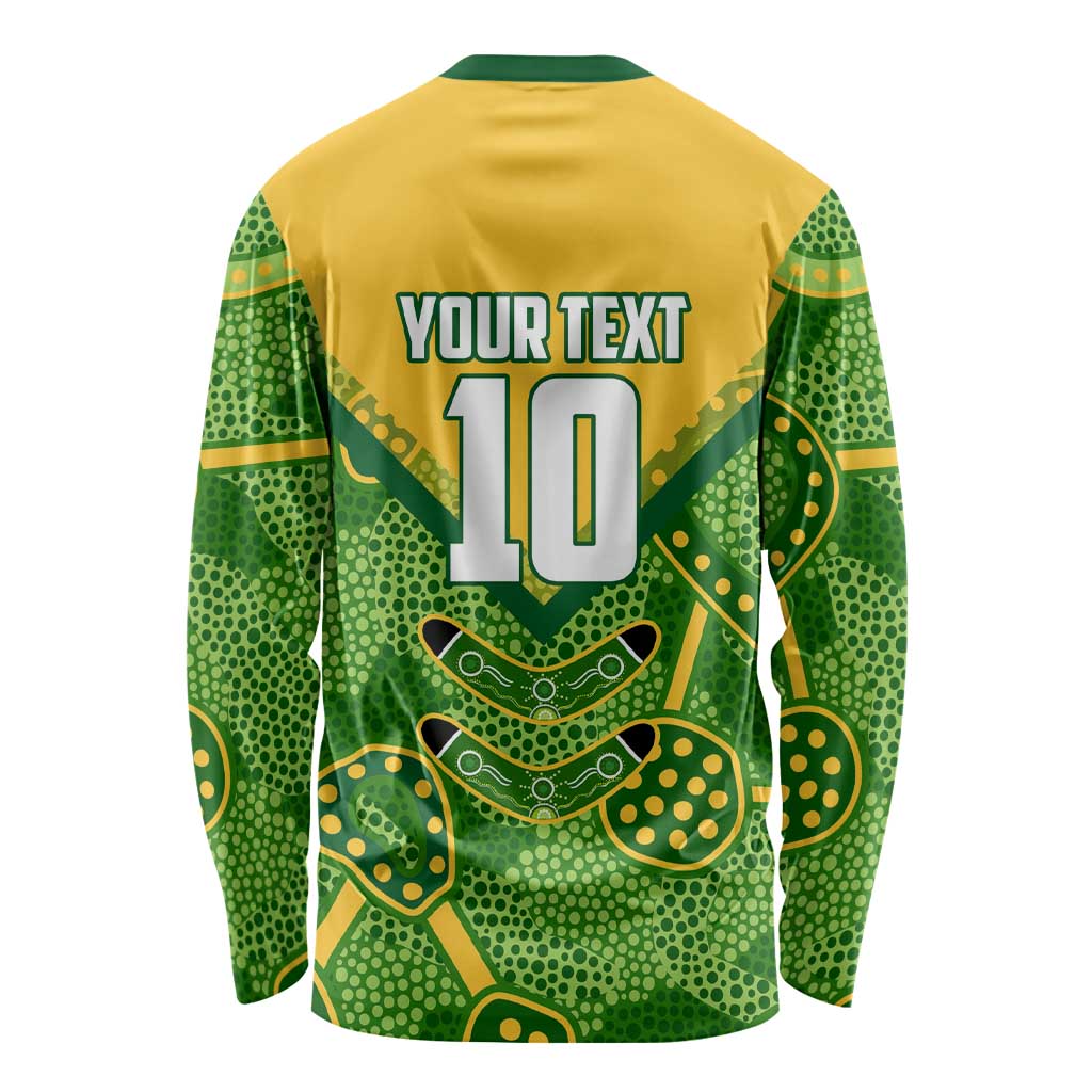 Personalized Australian Jackaroo Lawn Bowls Long Sleeve Shirt Kangaroo Athlete Indigenous Pattern Green Yellow Sports Mascot