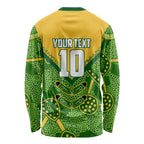 Personalized Australian Jackaroo Lawn Bowls Long Sleeve Shirt Kangaroo Athlete Indigenous Pattern Green Yellow Sports Mascot