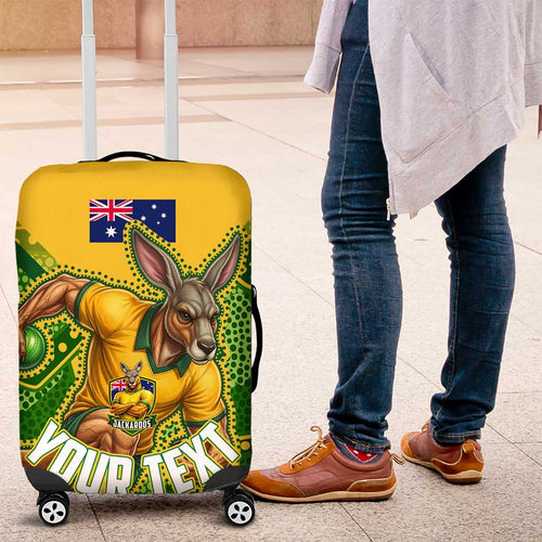Personalized Australian Jackaroo Lawn Bowls Luggage Cover Kangaroo Athlete Indigenous Pattern Green Yellow Sports Mascot