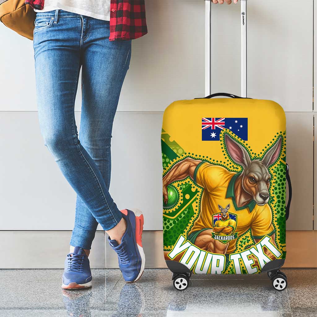 Personalized Australian Jackaroo Lawn Bowls Luggage Cover Kangaroo Athlete Indigenous Pattern Green Yellow Sports Mascot