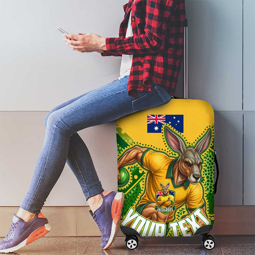 Personalized Australian Jackaroo Lawn Bowls Luggage Cover Kangaroo Athlete Indigenous Pattern Green Yellow Sports Mascot