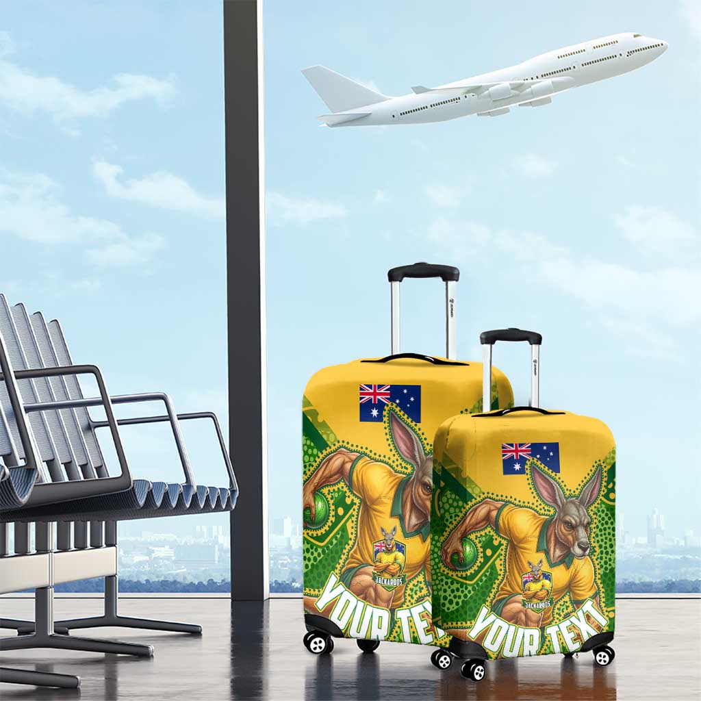 Personalized Australian Jackaroo Lawn Bowls Luggage Cover Kangaroo Athlete Indigenous Pattern Green Yellow Sports Mascot