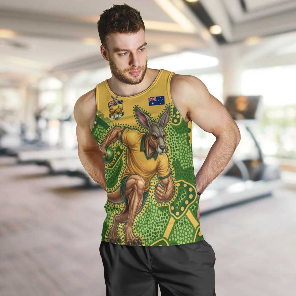 Personalized Australian Jackaroo Lawn Bowls Men Tank Top Kangaroo Athlete Indigenous Pattern Green Yellow Sports Mascot