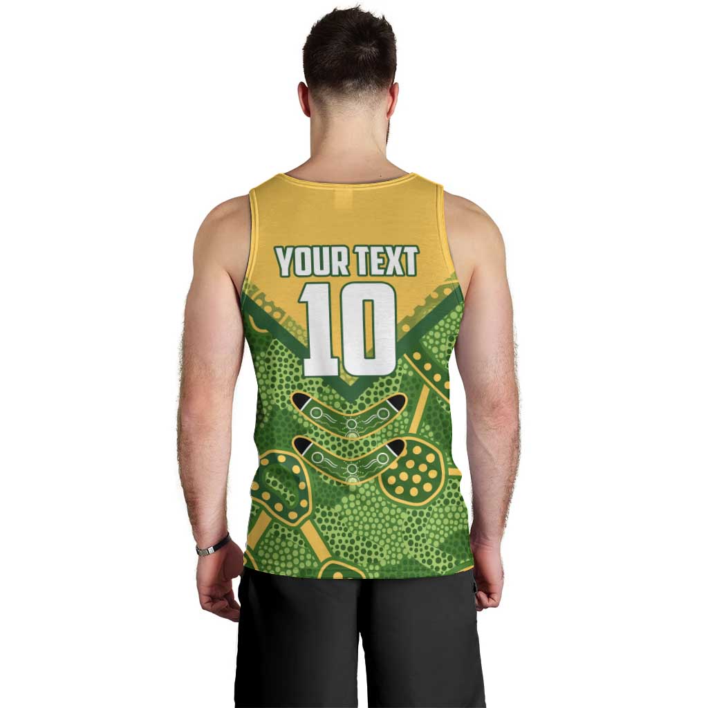 Personalized Australian Jackaroo Lawn Bowls Men Tank Top Kangaroo Athlete Indigenous Pattern Green Yellow Sports Mascot