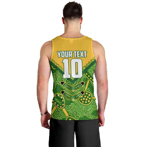 Personalized Australian Jackaroo Lawn Bowls Men Tank Top Kangaroo Athlete Indigenous Pattern Green Yellow Sports Mascot