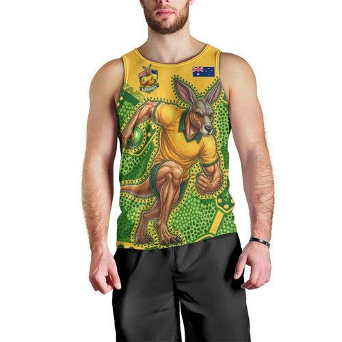 Personalized Australian Jackaroo Lawn Bowls Men Tank Top Kangaroo Athlete Indigenous Pattern Green Yellow Sports Mascot