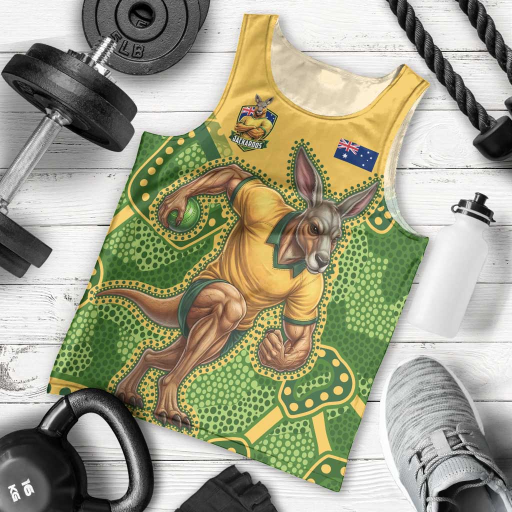 Personalized Australian Jackaroo Lawn Bowls Men Tank Top Kangaroo Athlete Indigenous Pattern Green Yellow Sports Mascot