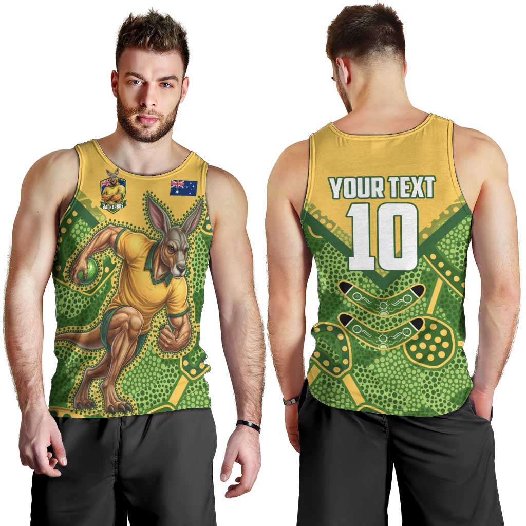 Personalized Australian Jackaroo Lawn Bowls Men Tank Top Kangaroo Athlete Indigenous Pattern Green Yellow Sports Mascot