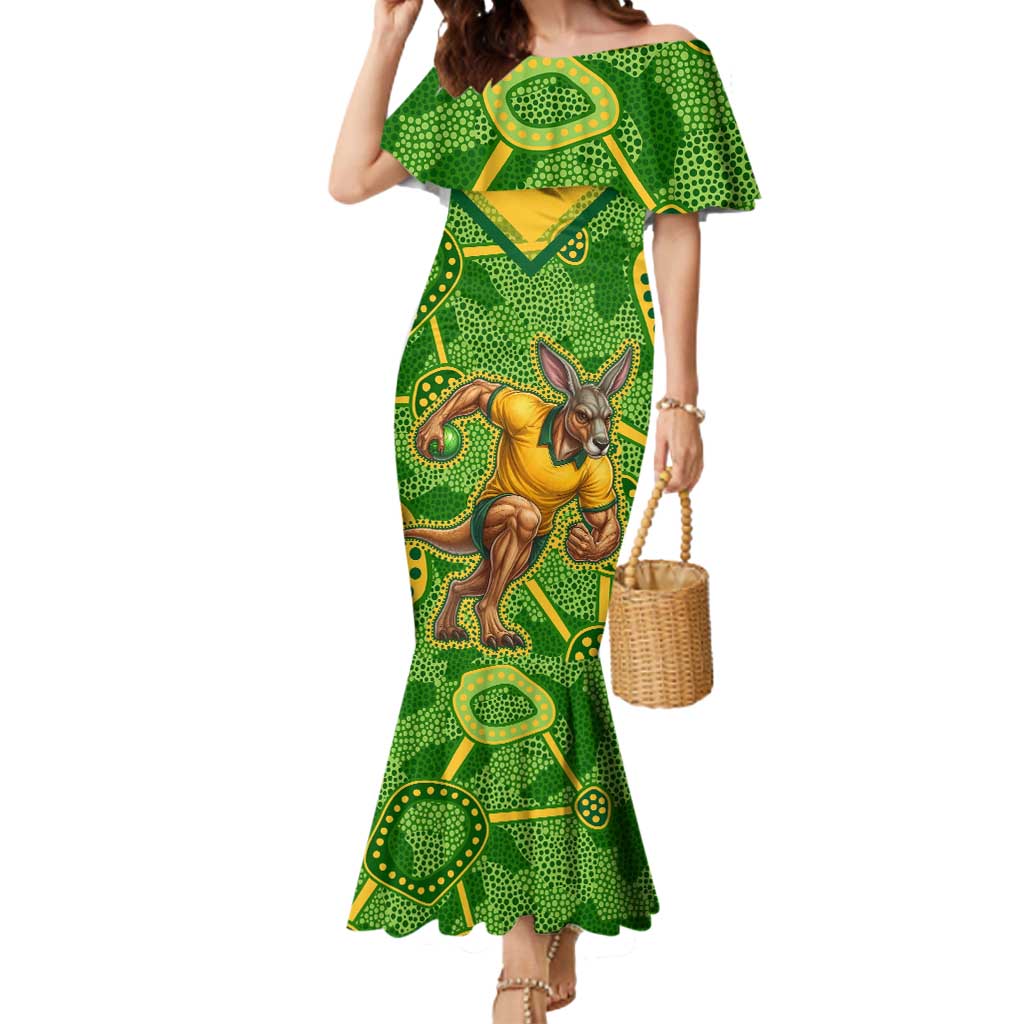 Personalized Australian Jackaroo Lawn Bowls Mermaid Dress Kangaroo Athlete Indigenous Pattern Green Yellow Sports Mascot