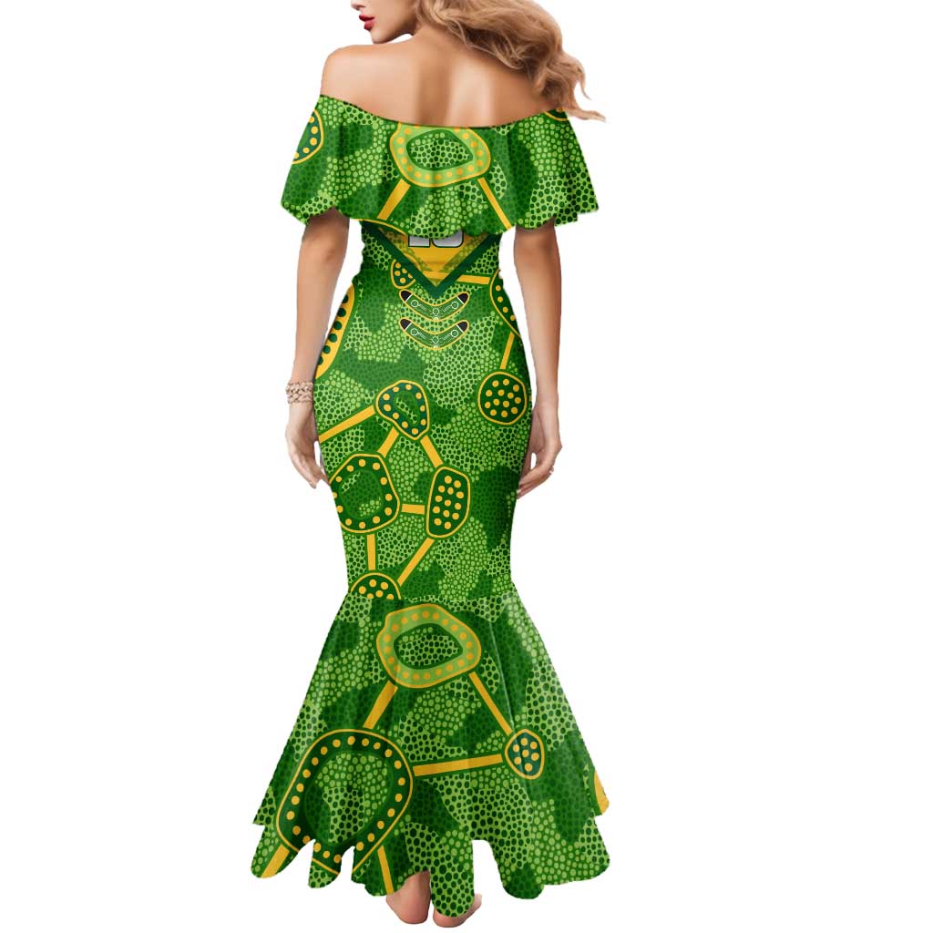 Personalized Australian Jackaroo Lawn Bowls Mermaid Dress Kangaroo Athlete Indigenous Pattern Green Yellow Sports Mascot