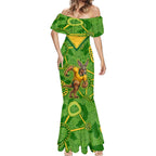 Personalized Australian Jackaroo Lawn Bowls Mermaid Dress Kangaroo Athlete Indigenous Pattern Green Yellow Sports Mascot