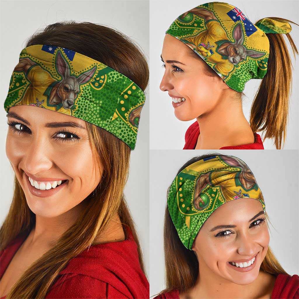Personalized Australian Jackaroo Lawn Bowls Neck Gaiter Kangaroo Athlete Indigenous Pattern Green Yellow Sports Mascot