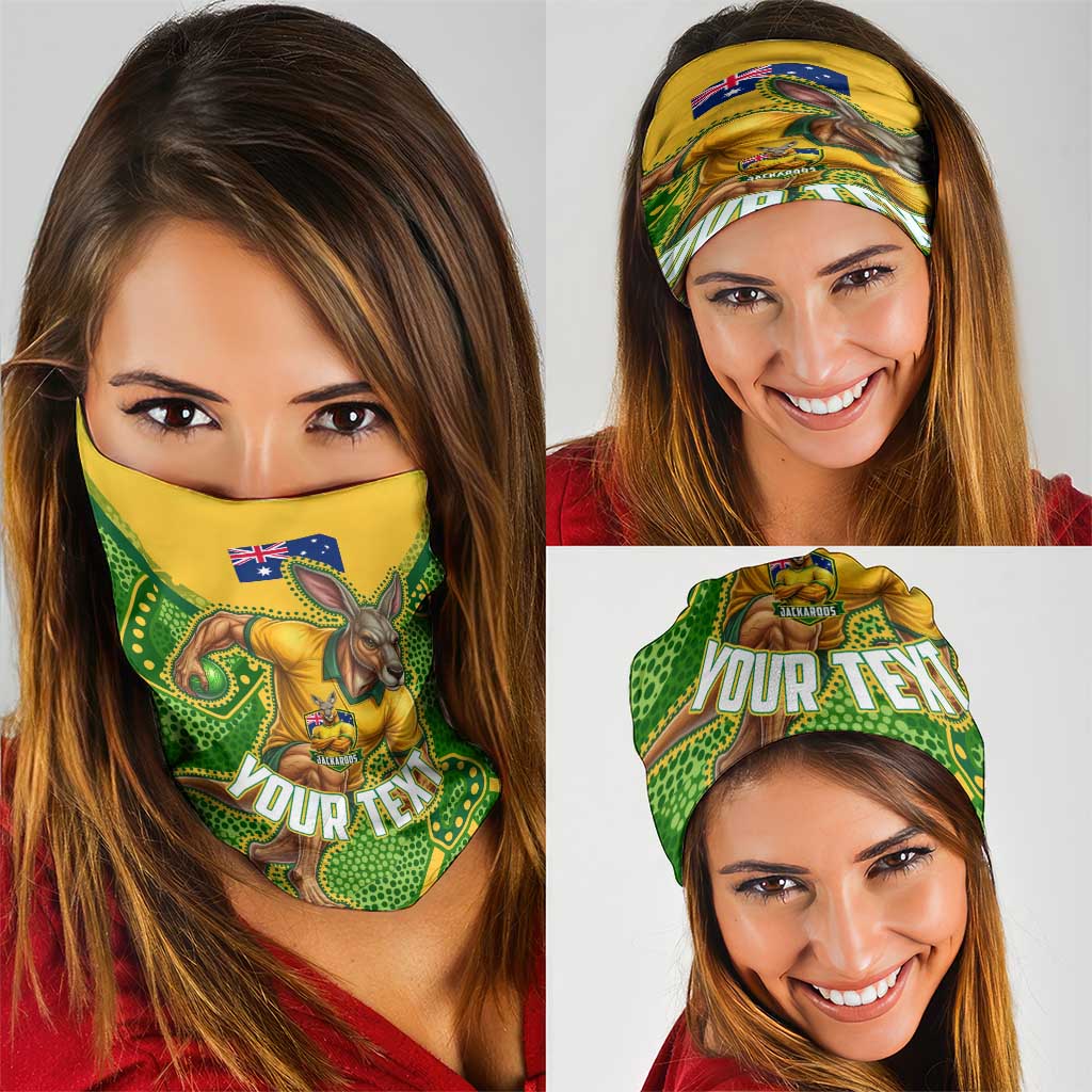 Personalized Australian Jackaroo Lawn Bowls Neck Gaiter Kangaroo Athlete Indigenous Pattern Green Yellow Sports Mascot