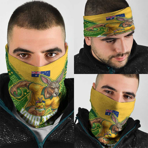 Personalized Australian Jackaroo Lawn Bowls Neck Gaiter Kangaroo Athlete Indigenous Pattern Green Yellow Sports Mascot