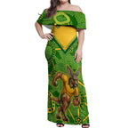 Personalized Australian Jackaroo Lawn Bowls Off Shoulder Maxi Dress Kangaroo Athlete Indigenous Pattern Green Yellow Sports Mascot