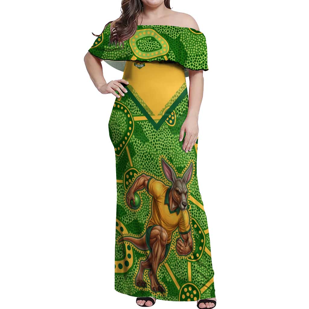 Personalized Australian Jackaroo Lawn Bowls Off Shoulder Maxi Dress Kangaroo Athlete Indigenous Pattern Green Yellow Sports Mascot
