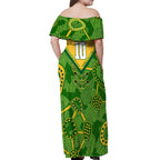 Personalized Australian Jackaroo Lawn Bowls Off Shoulder Maxi Dress Kangaroo Athlete Indigenous Pattern Green Yellow Sports Mascot