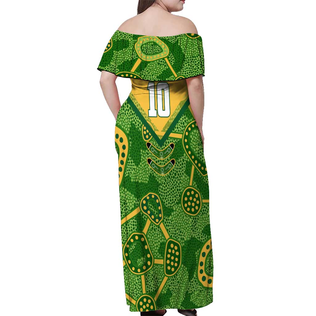 Personalized Australian Jackaroo Lawn Bowls Off Shoulder Maxi Dress Kangaroo Athlete Indigenous Pattern Green Yellow Sports Mascot