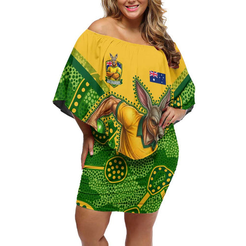 Personalized Australian Jackaroo Lawn Bowls Off Shoulder Short Dress Kangaroo Athlete Indigenous Pattern Green Yellow Sports Mascot