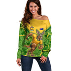Personalized Australian Jackaroo Lawn Bowls Off Shoulder Sweater Kangaroo Athlete Indigenous Pattern Green Yellow Sports Mascot