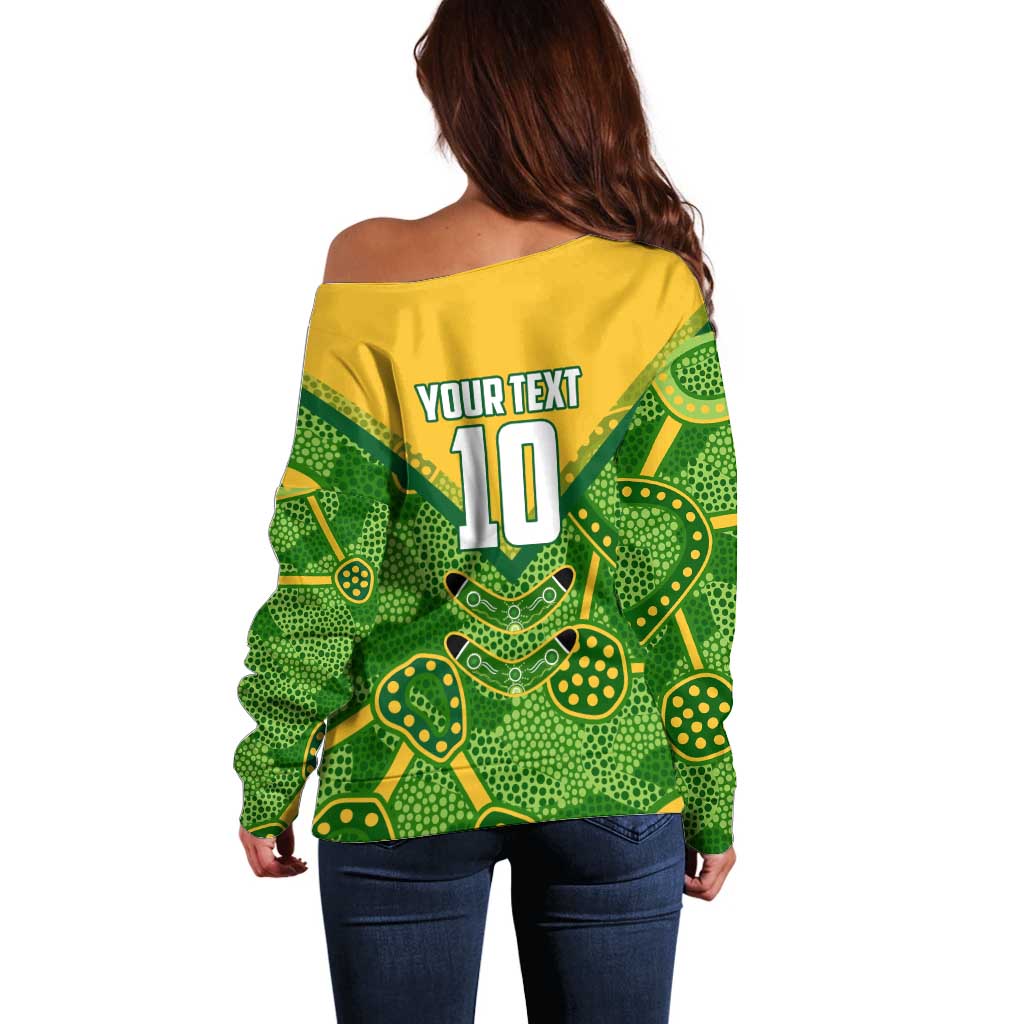 Personalized Australian Jackaroo Lawn Bowls Off Shoulder Sweater Kangaroo Athlete Indigenous Pattern Green Yellow Sports Mascot