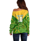 Personalized Australian Jackaroo Lawn Bowls Off Shoulder Sweater Kangaroo Athlete Indigenous Pattern Green Yellow Sports Mascot