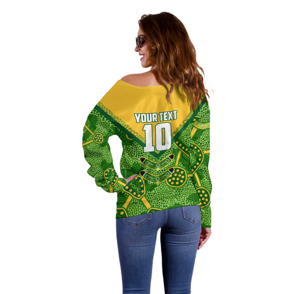 Personalized Australian Jackaroo Lawn Bowls Off Shoulder Sweater Kangaroo Athlete Indigenous Pattern Green Yellow Sports Mascot