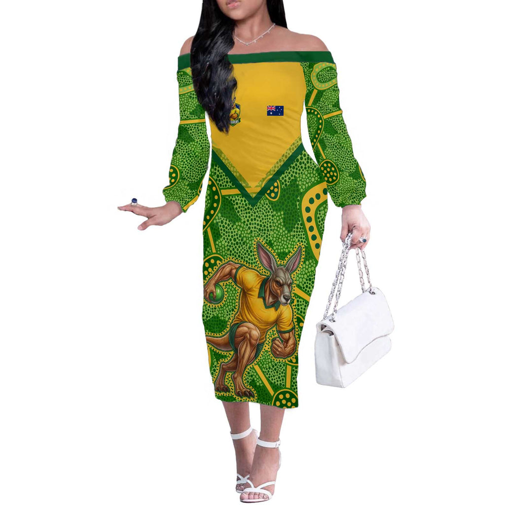 Personalized Australian Jackaroo Lawn Bowls Off The Shoulder Long Sleeve Dress Kangaroo Athlete Indigenous Pattern Green Yellow Sports Mascot