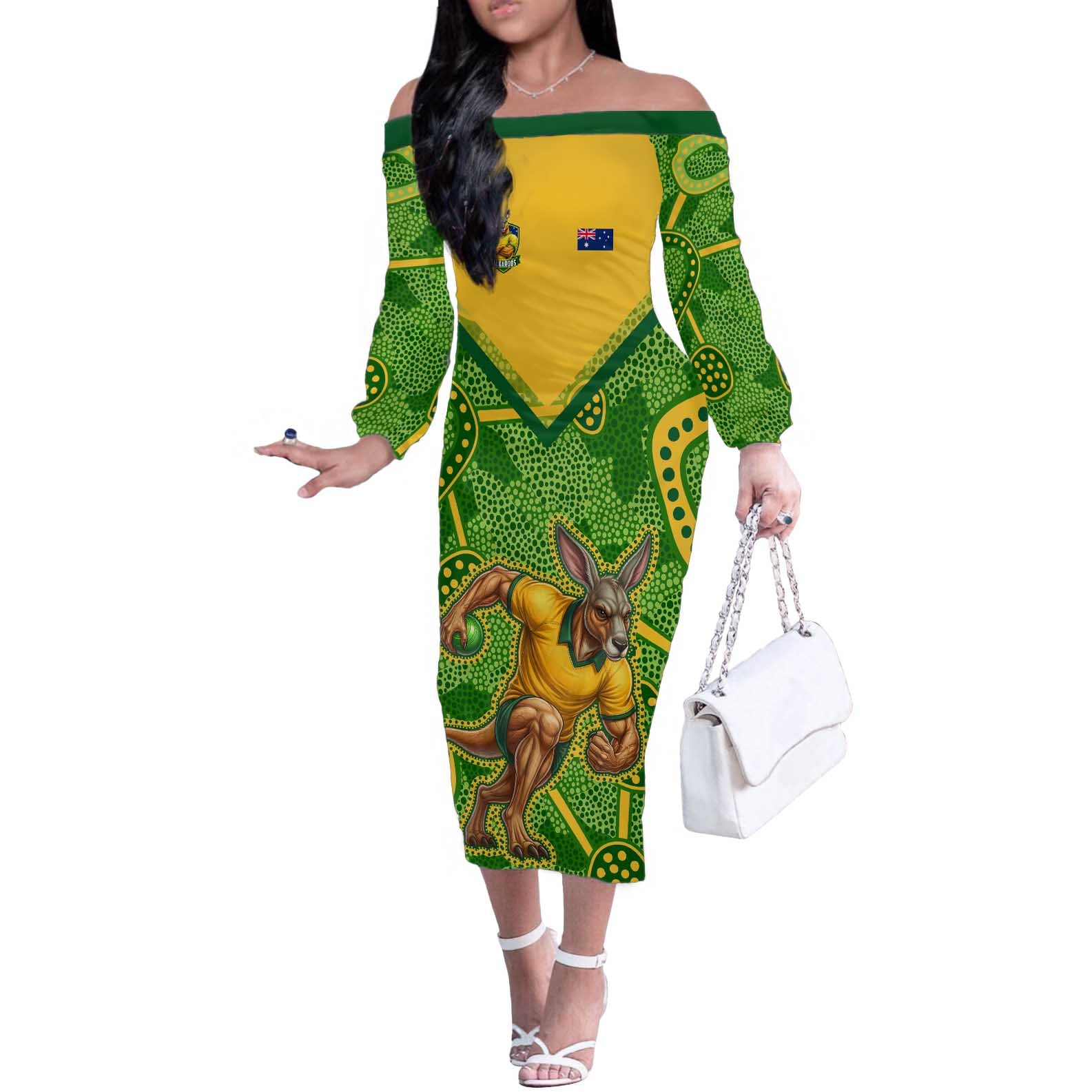 Personalized Australian Jackaroo Lawn Bowls Off The Shoulder Long Sleeve Dress Kangaroo Athlete Indigenous Pattern Green Yellow Sports Mascot