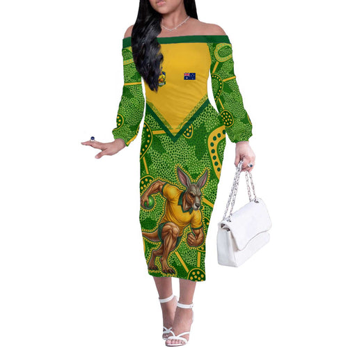 Personalized Australian Jackaroo Lawn Bowls Off The Shoulder Long Sleeve Dress Kangaroo Athlete Indigenous Pattern Green Yellow Sports Mascot