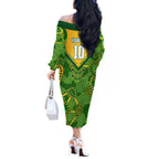 Personalized Australian Jackaroo Lawn Bowls Off The Shoulder Long Sleeve Dress Kangaroo Athlete Indigenous Pattern Green Yellow Sports Mascot