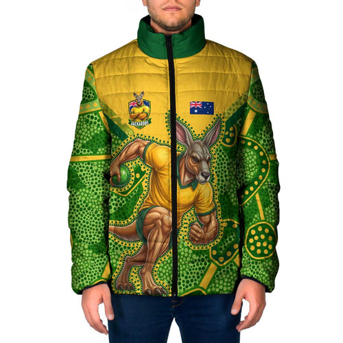 Personalized Australian Jackaroo Lawn Bowls Padded Jacket Kangaroo Athlete Indigenous Pattern Green Yellow Sports Mascot