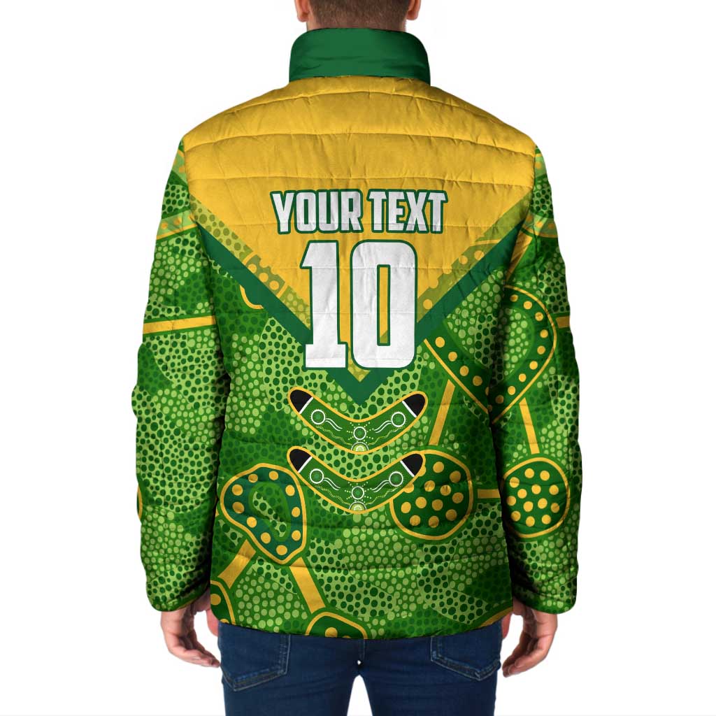 Personalized Australian Jackaroo Lawn Bowls Padded Jacket Kangaroo Athlete Indigenous Pattern Green Yellow Sports Mascot