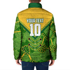 Personalized Australian Jackaroo Lawn Bowls Padded Jacket Kangaroo Athlete Indigenous Pattern Green Yellow Sports Mascot