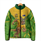 Personalized Australian Jackaroo Lawn Bowls Padded Jacket Kangaroo Athlete Indigenous Pattern Green Yellow Sports Mascot