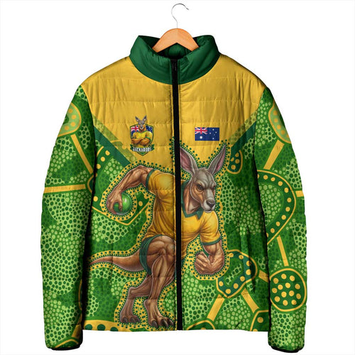 Personalized Australian Jackaroo Lawn Bowls Padded Jacket Kangaroo Athlete Indigenous Pattern Green Yellow Sports Mascot