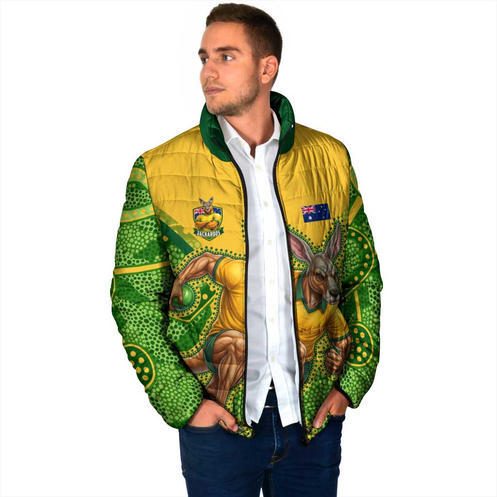 Personalized Australian Jackaroo Lawn Bowls Padded Jacket Kangaroo Athlete Indigenous Pattern Green Yellow Sports Mascot