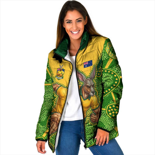 Personalized Australian Jackaroo Lawn Bowls Padded Jacket Kangaroo Athlete Indigenous Pattern Green Yellow Sports Mascot