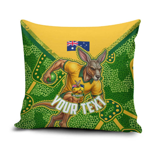 Personalized Australian Jackaroo Lawn Bowls Pillow Cover Kangaroo Athlete Indigenous Pattern Green Yellow Sports Mascot
