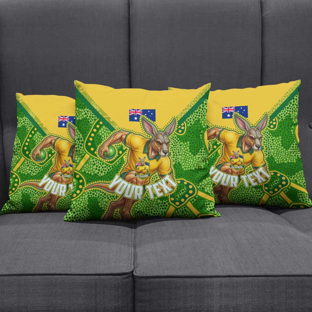 Personalized Australian Jackaroo Lawn Bowls Pillow Cover Kangaroo Athlete Indigenous Pattern Green Yellow Sports Mascot
