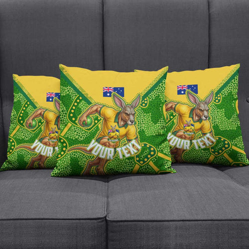 Personalized Australian Jackaroo Lawn Bowls Pillow Cover Kangaroo Athlete Indigenous Pattern Green Yellow Sports Mascot