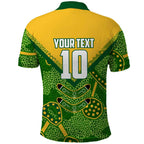 Personalized Australian Jackaroo Lawn Bowls Polo Shirt Kangaroo Athlete Indigenous Pattern Green Yellow Sports Mascot