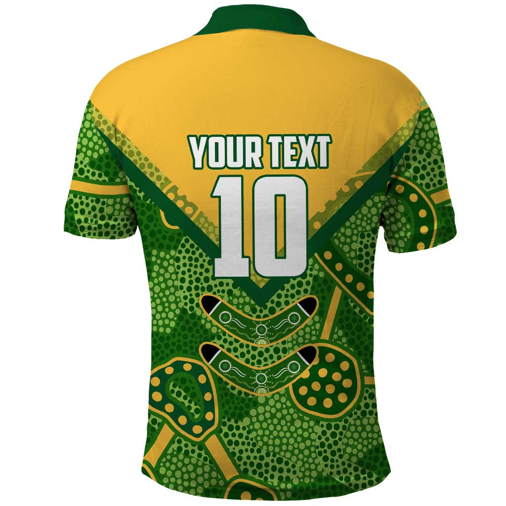 Personalized Australian Jackaroo Lawn Bowls Polo Shirt Kangaroo Athlete Indigenous Pattern Green Yellow Sports Mascot
